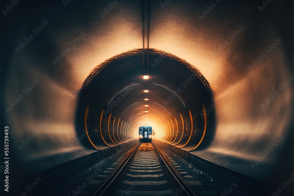 Aufkleber a train traveling through a tunnel with a train on the tracks in the middle of it and a light at the