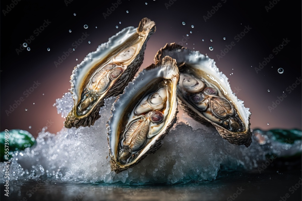 Poster three oysters on ice with bubbles and water droplets around them on a black background with a pink s