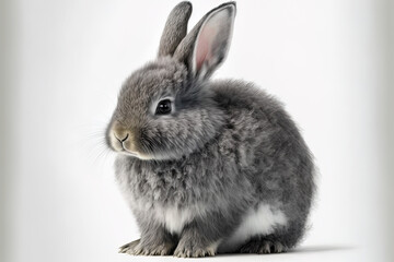A gray, fluffy bunny scans the sign. On a white backdrop, alone. Spring rabbit. Generative AI