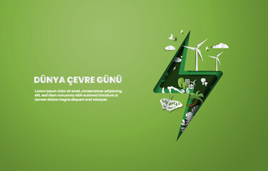 Dünya Çevre Günü.  Save planet of people and living things and energy concept, paper illustration and 3d paper.
Translation: World Environment Day.
