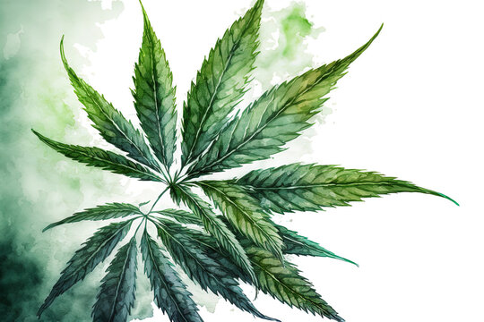 a leafy green branch of the medical cannabis plant Cannabis sativa (often known as marijuana). Illustration of a watercolor, hand drawn painting, isolated on a white backdrop. Generative AI