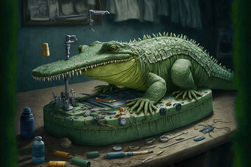 A green crocodile performing various tasks. Generative AI