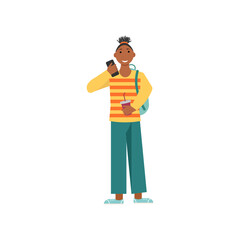 African girl with a phone in her hand. Vector illustration. For covers, brochures, promotional booklets, social networks.