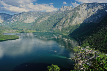 Panoramic view from above of scenic landscape over Austrian alps lake in Hallstatt, Austria.