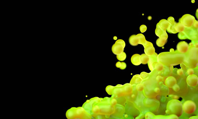 Digital abstract futuristic background of flying, flowing spheres, metaballs.  Green substance slime frame in the corner isolated on black background. Subsurface scattering . Depth of field. 3D render