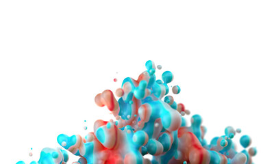 Digital abstract futuristic background of flying, flowing spheres, metaballs.  Colorful substance slime isolated on white background. Subsurface scattering . Depth of field. 3D render