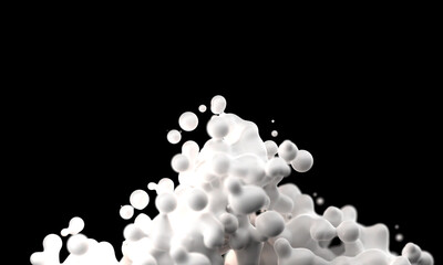 Digital abstract futuristic background of flying, flowing spheres, metaballs.  White substance slime  isolated on black background. Subsurface scattering . Depth of field. 3D render