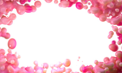 Digital abstract futuristic background of flying, flowing spheres, metaballs.  Framed into circle slime pink substance isolated on white background. Subsurface scattering . Depth of field. 3D render