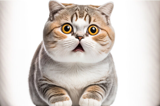A picture of an adorable, humorous cat Scottish Straight on a white background, isolated. Generative AI
