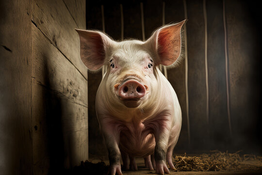 A picture of a wholesome growing pig seems content in the big pen stall of a typical swine farm. Generative AI
