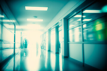 Blurred background of the interior of a hospital or medical clinic. Generative AI.