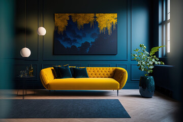 A huge living room's accent lounge. blue and yellow hues. Dark blue wall that is empty and a bright yellow sofa with mustard undertones. a mockup of a contemporary interior. Generative AI