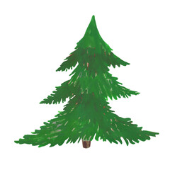 green Christmas tree without toys painted in watercolor in a primitive style for curating a New Years design, print products, fabric