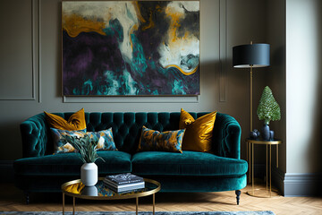 a plush, contemporary living room with a fabric sofa. Generative AI