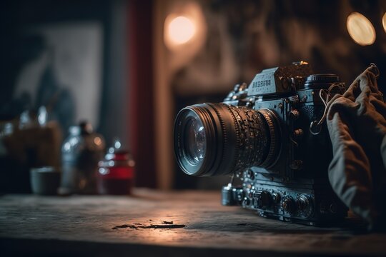 camera on the wooden table. Cinematic style.