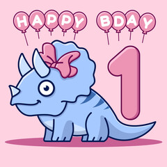 Happy 1st birthday card. Cute triceratops with bow and balloons. Flat vector illustration.