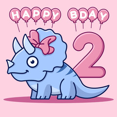 Happy 2nd birthday card. Cute triceratops with bow and balloons. Flat vector illustration.