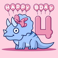 Happy 4th birthday card. Cute triceratops with bow and balloons. Flat vector illustration.