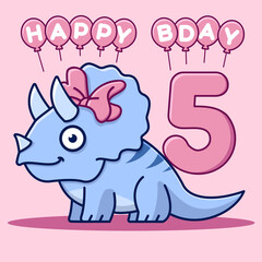 Happy 5th birthday card. Cute triceratops with bow and balloons. Flat vector illustration.