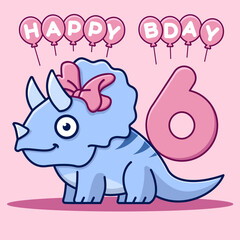 Happy 6th birthday card. Cute triceratops with bow and balloons. Flat vector illustration.