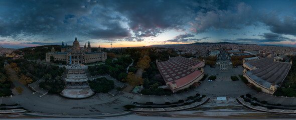 HDR Sphere Sunset Barcelona Montjuïc National Palace and Plaça d'Espanya and Magic Fountain 360