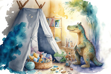 With a sweet nursery scene in watercolor. newborn interior. Rocking horse, tent, and dinosaur toys. child's play area. Generative AI