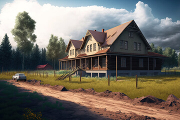 Obraz premium work underway on a rural home. Far from the city housing Land in the country. property investment suburban building. building of wooden dwellings. Generative AI