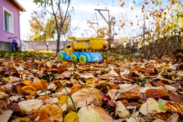 Toy truck in the garden with brown dried leaves, pink house and vineyard posts, selective focus to the leaves