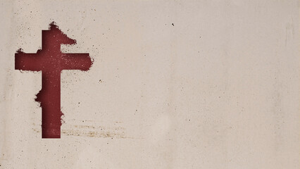 Christian cross silhouette on cement background, soft bokeh lights background. Church worship, salvation concept. Symbol of faith in Jesus Christ. holy cross for christmas