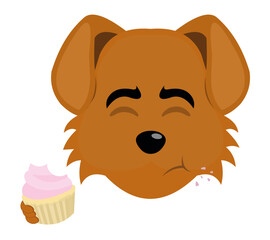 vector illustration of the face of a cartoon dog eating a cupcake or muffin