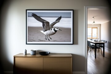 Real photo of open space living room interior with bird poster on the wall