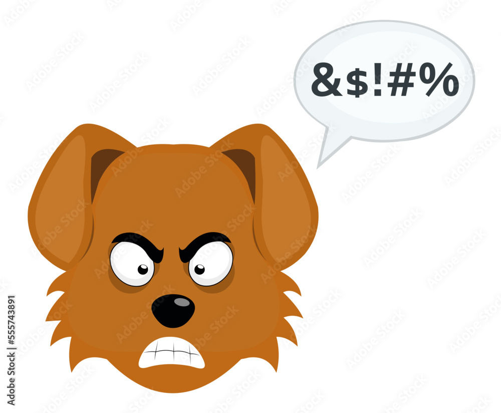 Poster vector illustration of the face of a cartoon dog with an angry expression and a dialogue bubble with