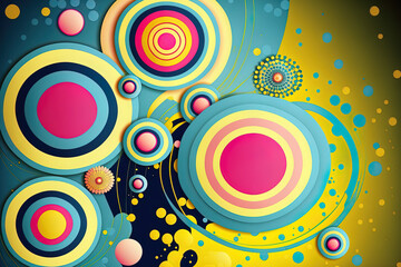 Fototapeta premium Yellow and blue backdrop with pink flowers and circles. Generative AI