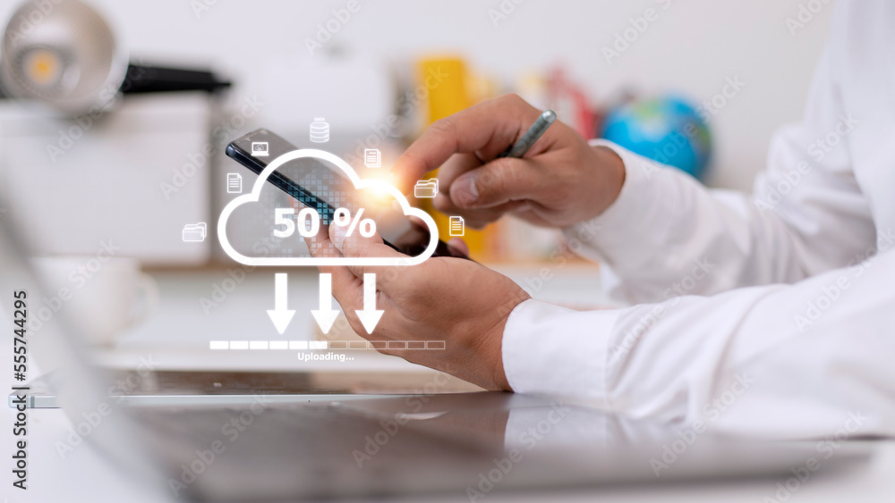 Poster cloud storage technology concept. businessmen use laptops to synchronize documents or data to online