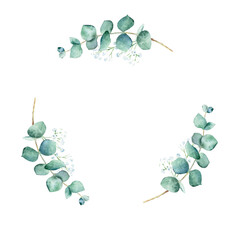 Watercolor round frame from eucalyptus and gypsophila branches isolated on white background. Hand drawn botanical illustration. For wedding invitations, save the date, greeting card, logos, prints. © Tatiana