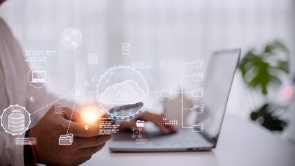 Cloud Computer technology and storage online for computer business network ideas connected to Internet server services for cloud transfer shown in the future Network of Data.
