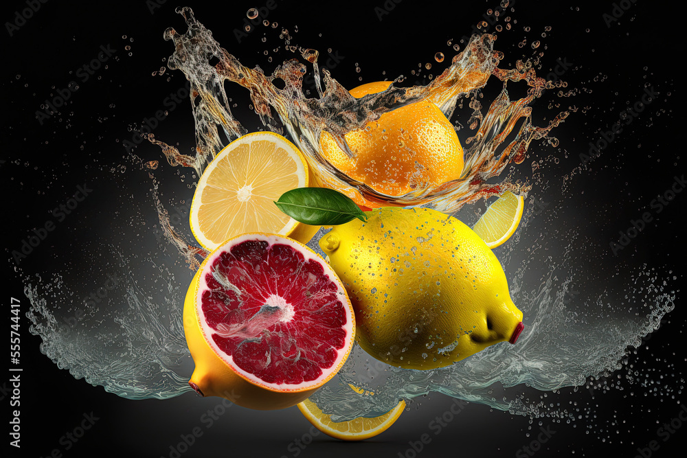Poster yellow lemons and red grapefruits with a splash of water. lemon and grapefruit in motion. concept of