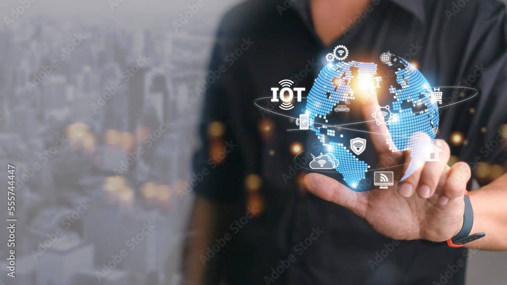 Poster iot virtual screen interface. internet of things or iot technology concept, with icons of typical io
