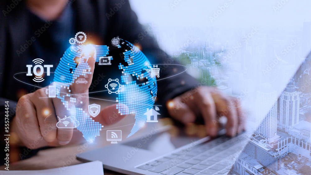Poster iot virtual screen interface. internet of things or iot technology concept, with icons of typical io