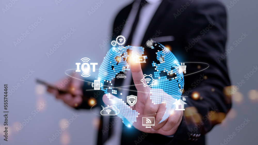 Poster iot virtual screen interface. internet of things or iot technology concept, with icons of typical io