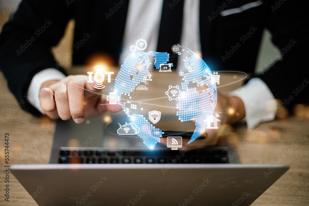 Poster iot virtual screen interface. internet of things or iot technology concept, with icons of typical io