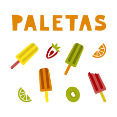 Traditional Mexican ice cream paletas clipart collection. Latin American fruit dessert set. Vector flat illustration.
