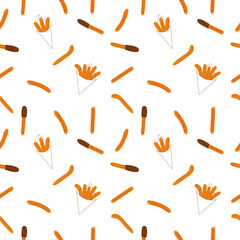 Traditional churros with chocolate sauce seamless pattern. Spanish and Latin American donut pastry background. Vector flat illustration.