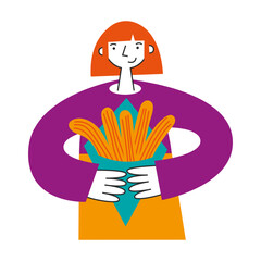 Person holds traditional mexican churros. Happy woman with latin amerac and spanish pastry. Vector flat illustration.