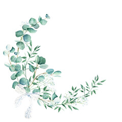 Watercolor greenery wreath, eucalyptus, gypsophila and pistachio branches with white lace bow. Rustic foliage. Hand drawn botanical illustration isolated on white background. Ideal for stationery