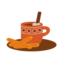 Mexican hot chocolate caliente and churros. Latin American traditional cocoa drink in a mug, with cinnamon stick. Зastry on a plate. Folk art design clay barro cup. Vector flat illustration.