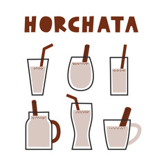 Traditional Mexican and Spanish drink horchata clipart collection. Rice and cinnamon beverage set. Vector flat illustration.