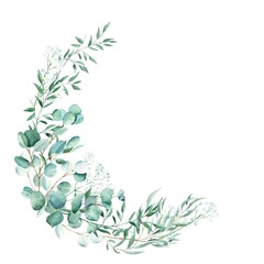 Watercolor greenery wreath, eucalyptus, gypsophila and pistachio branches. Rustic foliage. Hand drawn botanical illustration isolated on white background. Ideal for stationery, invitations, save the © Tatiana