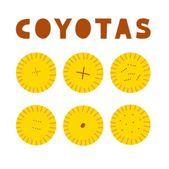 Mexican traditinal pastry coyotas. Latin American tuffed pie with sweet fillings. Vector flat illustration set.