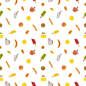 Traditional Mexican Desserts (churros, Tres Leches, Paletas, Coyotas, Conchas) Seamless Pattern. Latin American Donut, Pastry, Ice Cream, Cake Background. Vector Flat Illustration.